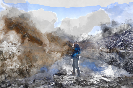 Abstract watercolor painting of standing man on mountain near lake, digital watercolor paintingの写真素材
