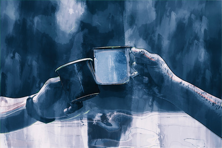Hand holding cup of coffee, digital paintingの写真素材
