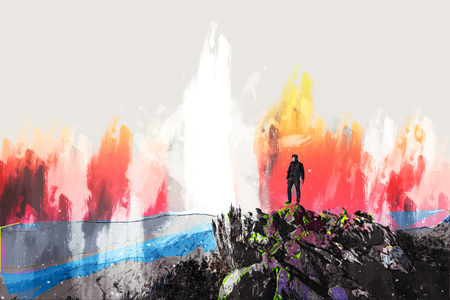 Abstract digital painting of landscape with standing man in multicolorの写真素材