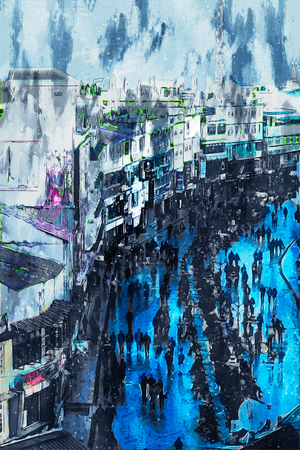 Digital painting of buildings in dark tone, city in night time with walking peopleの写真素材