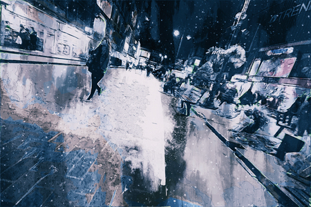 Digital painting of buildings in dark tone, city in night time with walking peopleの写真素材