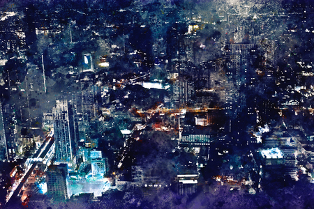 Digital painting of modern building in blue tone, illustration of skyscraper for backgroundの写真素材