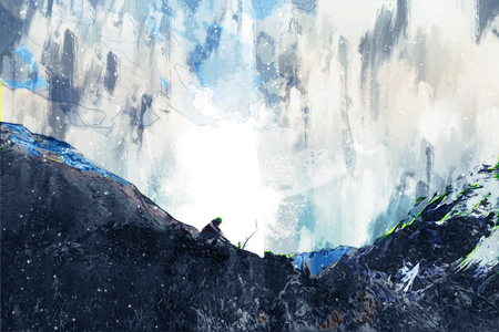 Abstract painting of mountains in cool tone with standing man , Digital paintingの写真素材