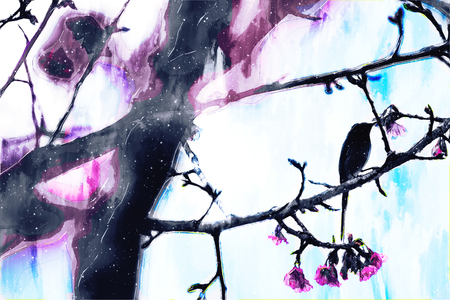 Abstract digital painting of bird and blooming flower in spring seasonの写真素材