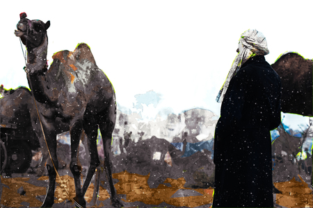 Abstract digital painting of camels in desert, camel fair in India illustrationの写真素材