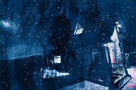 Digital painting of house in night, blue tone image of building with stars backgroundの写真素材