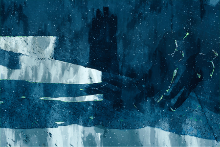 Digital painting of buildings in dark tone, city in day time with walking peopleの写真素材