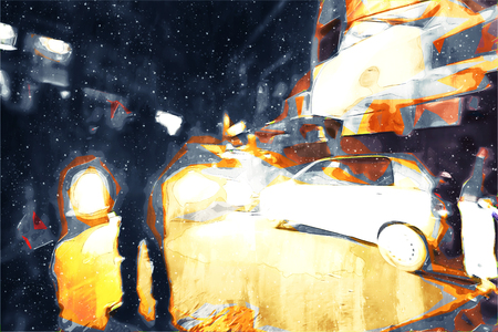 Digital painting of buildings in dark tone, city in night time with walking peopleの写真素材