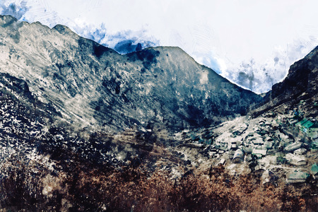 Abstract digital painting of mountain landscape, landscape illustration for backgroundの写真素材