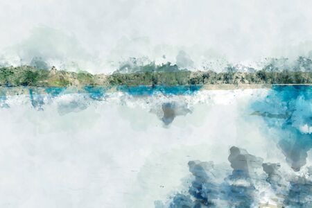 Sand beach at the island,  blue water in the sea, digital watercolor paintingの写真素材