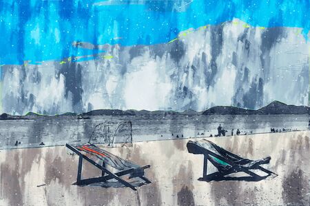 Digital painting of sea by brushed texture, illustration texture for backgroundの写真素材