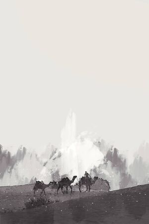 Abstract digital painting of camels in desert, camel fair in India illustrationの写真素材