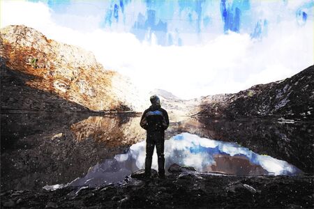 Lake in valley with mountains and blue sky and clouds background, Himalaya mountains in India