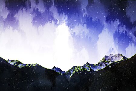 Digital painting of mountain range with snow, landscape illustrationの写真素材