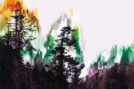 Abstract digital painting of trees in autumn, illustration of trees with yellow leavesの写真素材