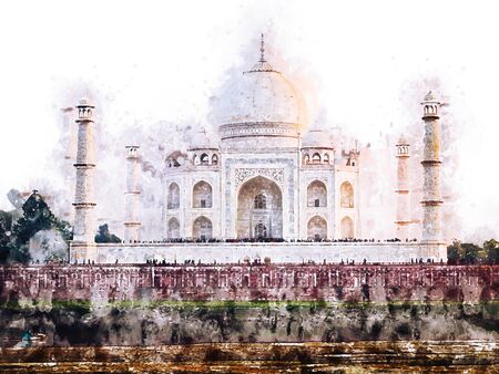 Digital painting of Taj Mahal, India,  illustration of historic building for background.の写真素材