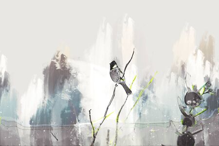 Bird on branch digital painting by brushingの写真素材