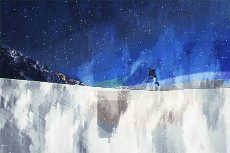 Digital painting of man jumping on sand dune in desertの写真素材