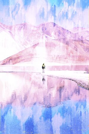 Lake in valley with mountains and blue sky and clouds background, Himalaya mountains in Indiaの写真素材