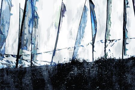 Digital painting of flags on hill against sky
