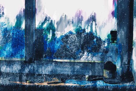 Digital painting of bottle of whisky close to windowの写真素材