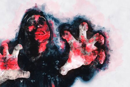 Digital painting of male zombie, man with blood illustration, halloween picture conceptionの写真素材