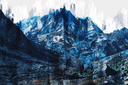 Abstract painting of mountain in blue tone, Digital paintingの写真素材