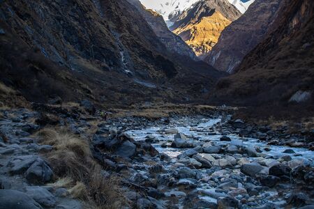 Mountains peaks with stream in Himalayas, Napalの写真素材