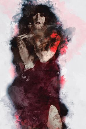 Digital painting of female zombie, woman with blood illustration, halloween picture conceptionの写真素材