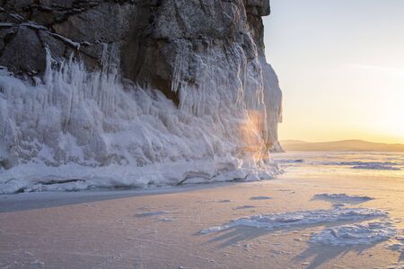 Rock island at twilight in Lake Baikal, Russia, landscape photographyの写真素材