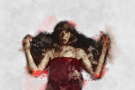 Digital painting of female zombie, woman with blood illustration, halloween picture conceptionの写真素材