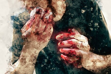 Weird digital painting of male zombie, man with blood illustration, halloween picture conceptionの写真素材