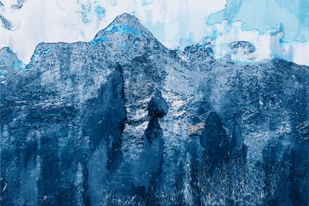 Abstract painting of mountain in blue tone, Digital painting for backgroundの写真素材