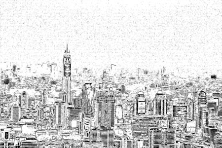 Digital drawing of buildings, black and white drawing image of cityの写真素材