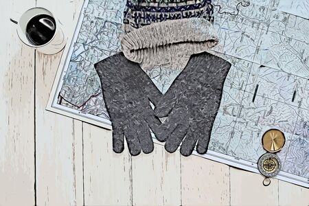 Digital painting of travel accessories, top view image
