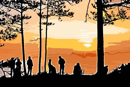 Digital painting of sunset and people, landscape image
