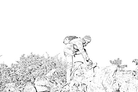 Digital drawing of man tying shoe on cliff, black and white imageの写真素材