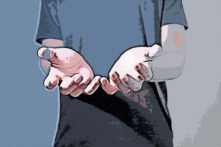 Digital painting of man showing hands, illustration imageの写真素材