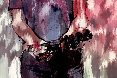 Digital painting of psychotic murderer and a knife in his bloody handsの写真素材