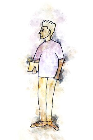 Watercolor painting of student with bookの写真素材