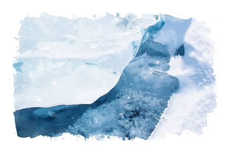 Watercolor painting of blue ice in winter season, nature background photo, frozen ice image, digital...