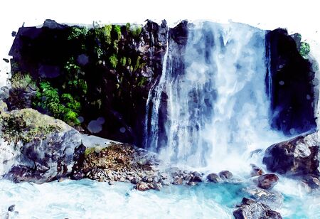 Watercolor painting of tropical waterfall in blue shades, digital art illustration の写真素材
