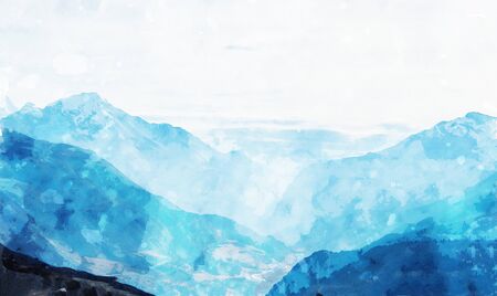 Digital landscape painting of mountains in blue tone with mist, art illustrationの写真素材