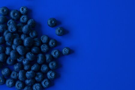 Blueberries on blue paper background, dark blue tones image with space for textの写真素材