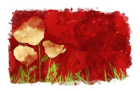 Poppies on red watercolor background, red tones image, flower watercolor paintingの写真素材