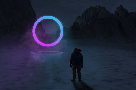 Man looking at neon light of dimensional gate, ice lake at night with mountains in purple and blue...