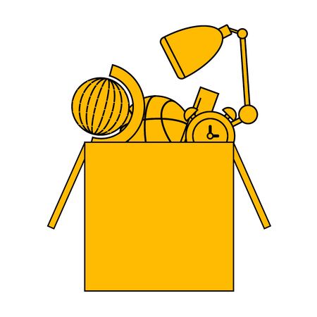 Lamp, basketball, ruler, alarm clock, and globe in boxのイラスト素材