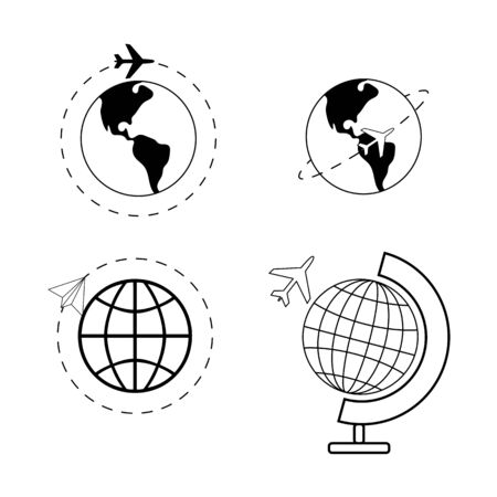 Airplane flying around world image pack, vector illustrationのイラスト素材