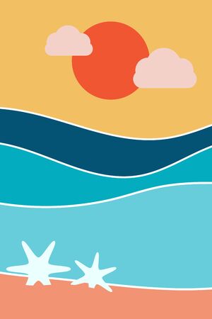 Sea wave in blue color with starfish, sun and beach, poster imageのイラスト素材