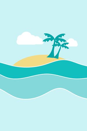 Blue sea with island, clouds and coconut palm trees, vector imageのイラスト素材